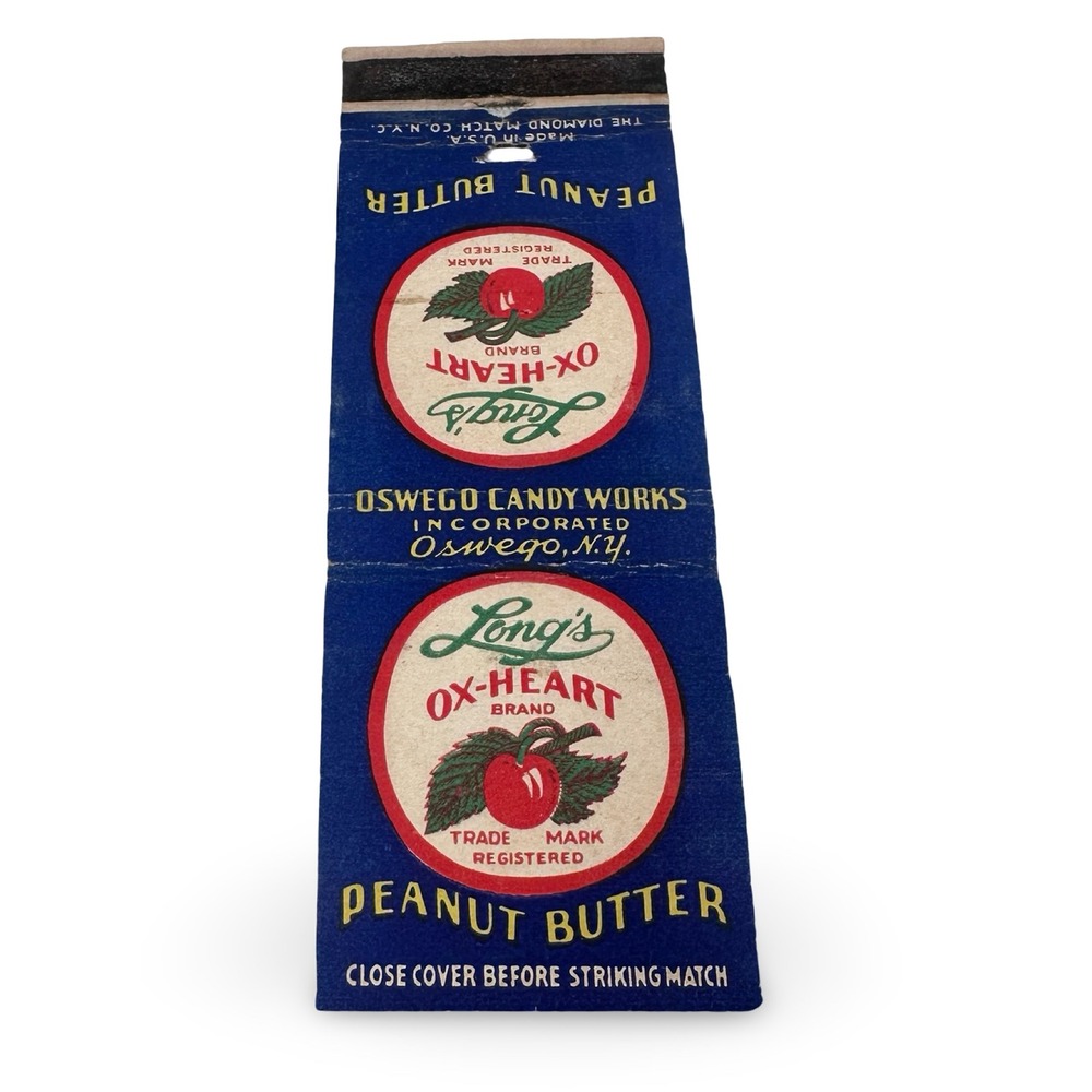 Vintage Longs Ox-Heart Peanut Butter Matchbook Cover Oswego Candy Works NY Blue